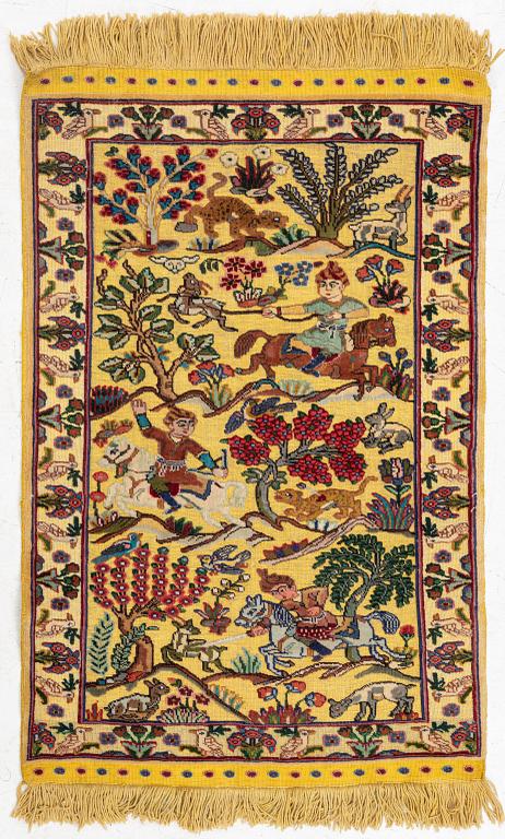 An old oriental rug, soul, figural, c. 106 x 74 cm.