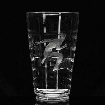 Vicke Lindstrand, a "Pärlfiskare" (Pearl Fisher) engraved glass vase, model 1115, Orrefors, Sweden, 1936.