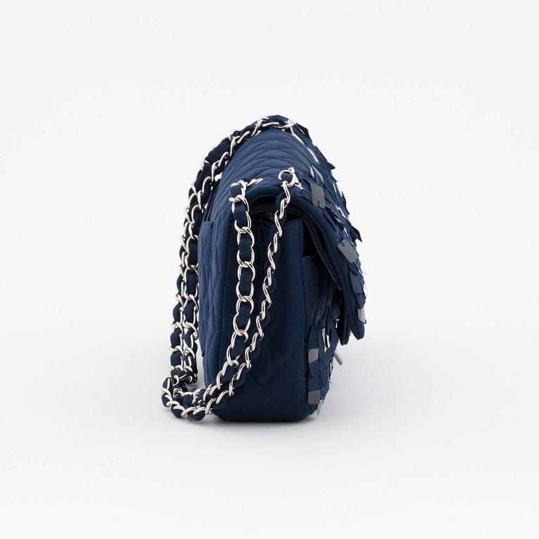 CHANEL, a quilted blue silk "Double Flap" shoulder bag with sequin embellishment.