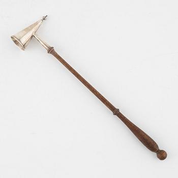 An English silver and wood candle snuffer, mark of David R. Mills, London 1951.