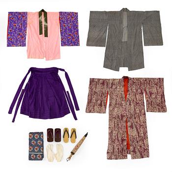 Kimono (five pieces), partially cotton, two pairs of shoes, one pair of socks, and a parasol, Japan, 20th century.