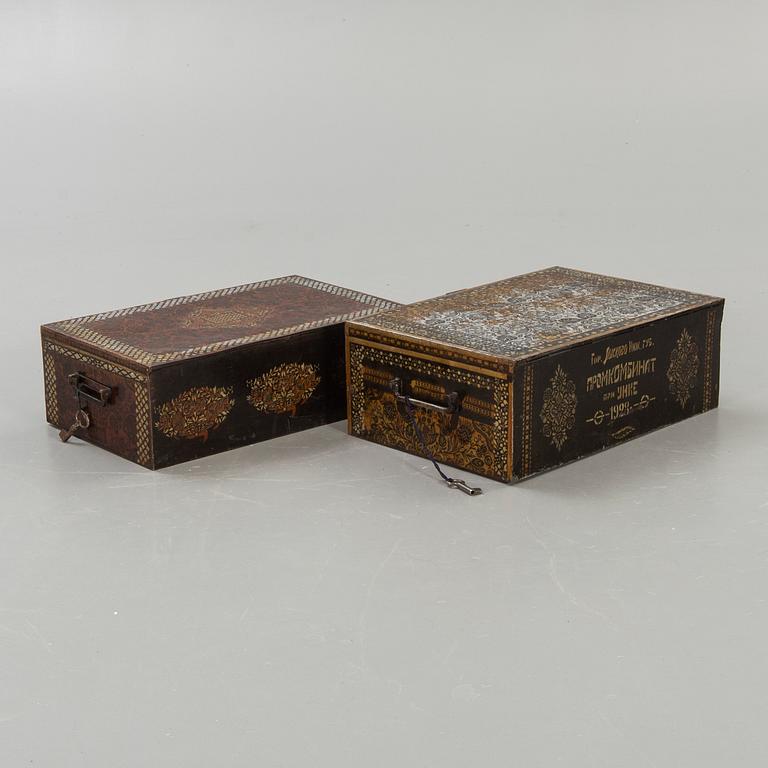 Two perisan metal safety boxes, early 20th Century, one of them with a Russian inkription and dating to 1928.