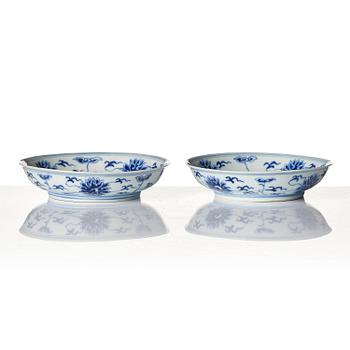 A pair of blue and white 'lotus' dishes, Qing dynasty, Guangxu mark and period (1875-1908).