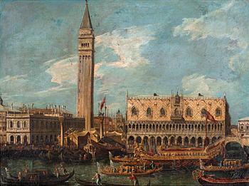 295. Antonio Canal (Canaletto) Hans krets, Vy över hamnbassängen mot Piazza San Marco.