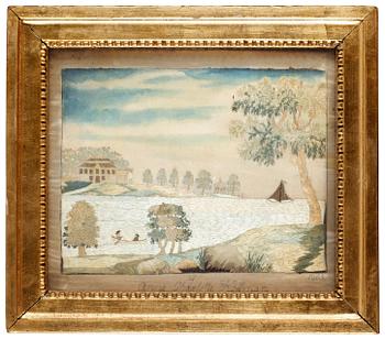 BRODERAD TAVLA, siden. 20 x 23,5 cm. Sverige 1803.