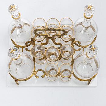 Liqueur set, glass and brass, first half of the 20th century.