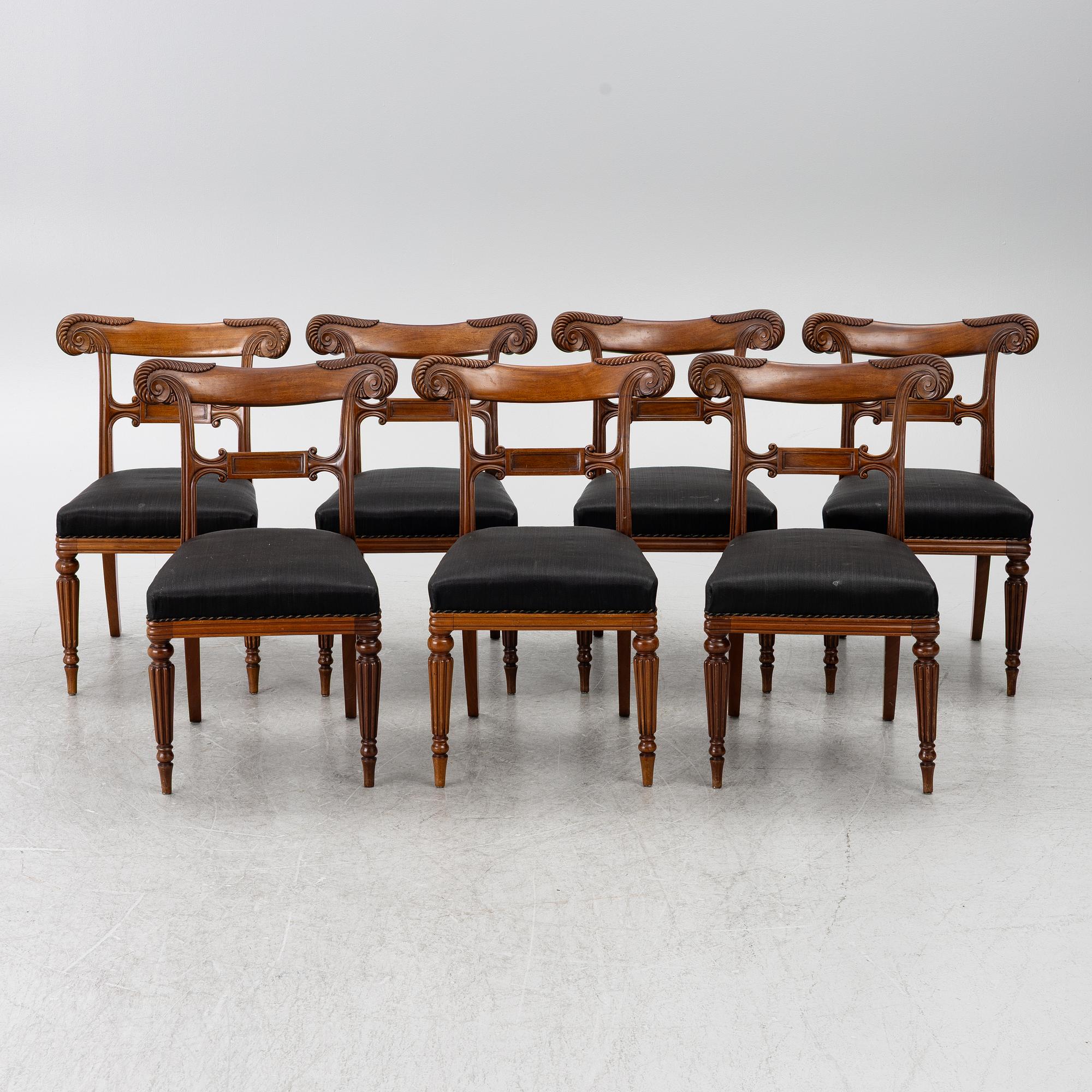 A set of 7 chairs, Empire style, W. Taylor & Sons, circa 1900.