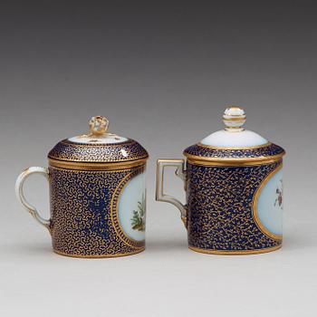 Two Berlin cups with covers and stands, circa 1800.