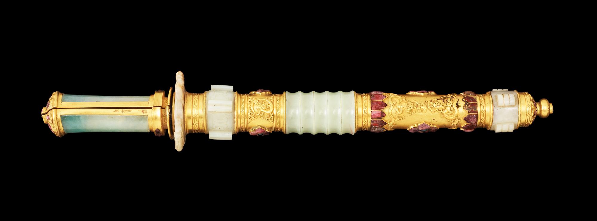 A gilt jade-mounted ceremonial double sword and scabbard with inlaid 'Gems', Qing dynasty.