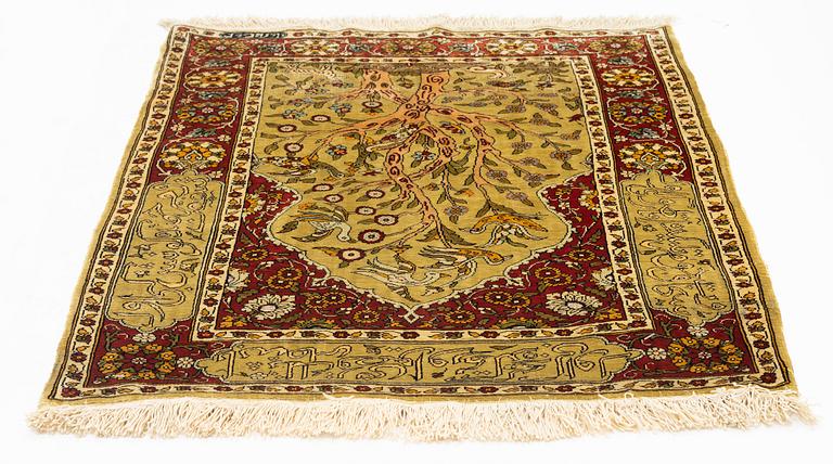 Rug, Old, signed, metal-thread brocaded, silk Hereke, approx. 74 x 60 cm.