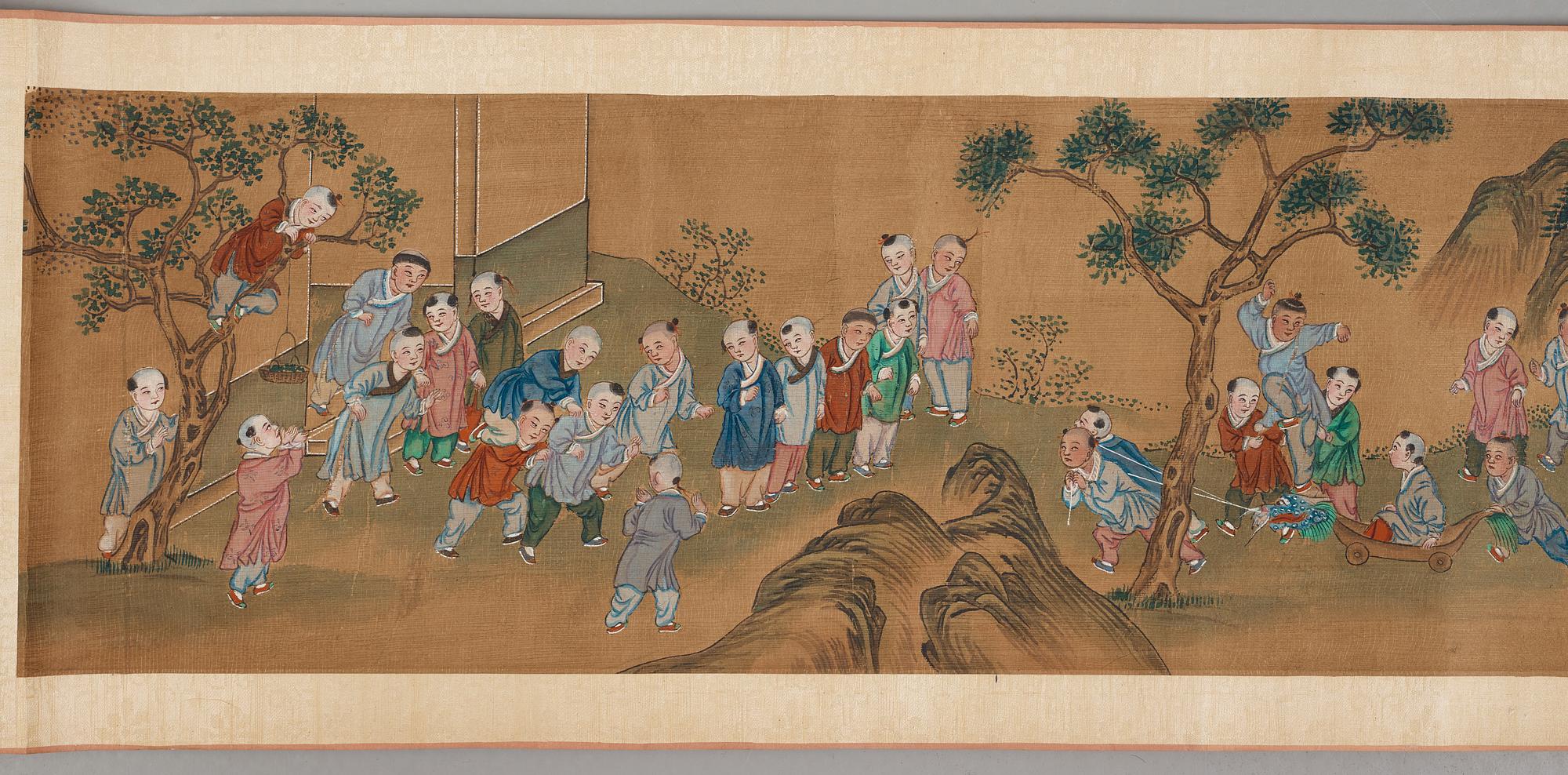 A scroll painting, ink and color on paper, Qing dynasty, 19th Century. '100 boys'.