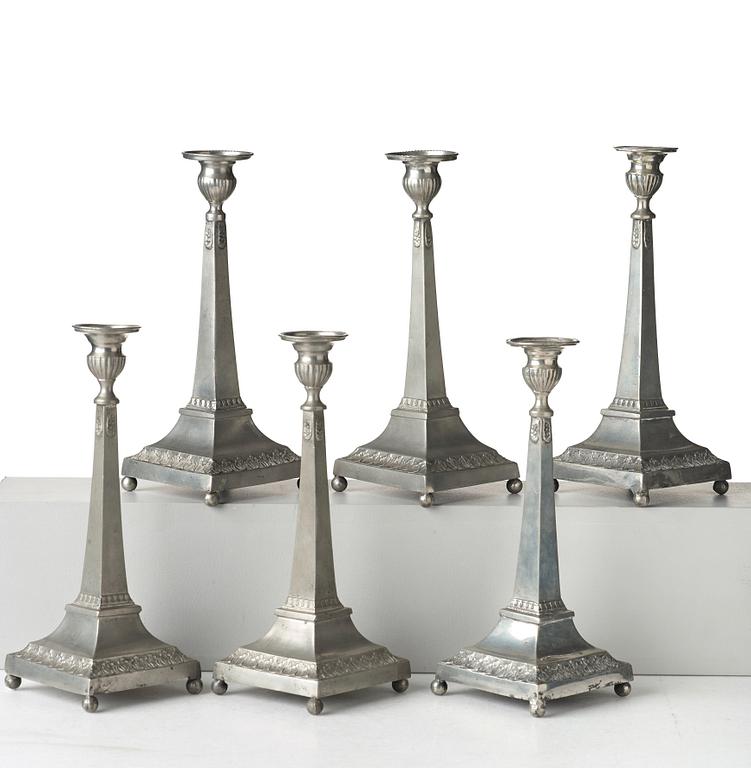 Six late Gustavian pewter candlesticks by P. H. Lundén, master in Lidköping 1797-1834.