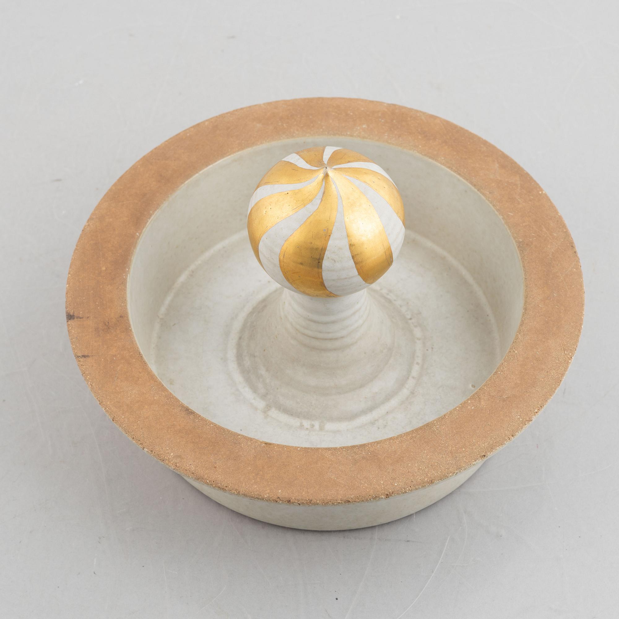 Lisa Larson, three stoneware candlesticks "Julius", "Juliana", "Angel" aswell as a bowl "Guldknopp",  Gustavsberg.