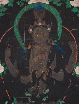 THANGKA, färg på duk. Tibet, omkring 1900.