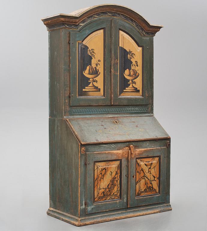 A polychrome-painted writing-cabinet attributed to J. Bäckström (1773-1837), dated 1828.