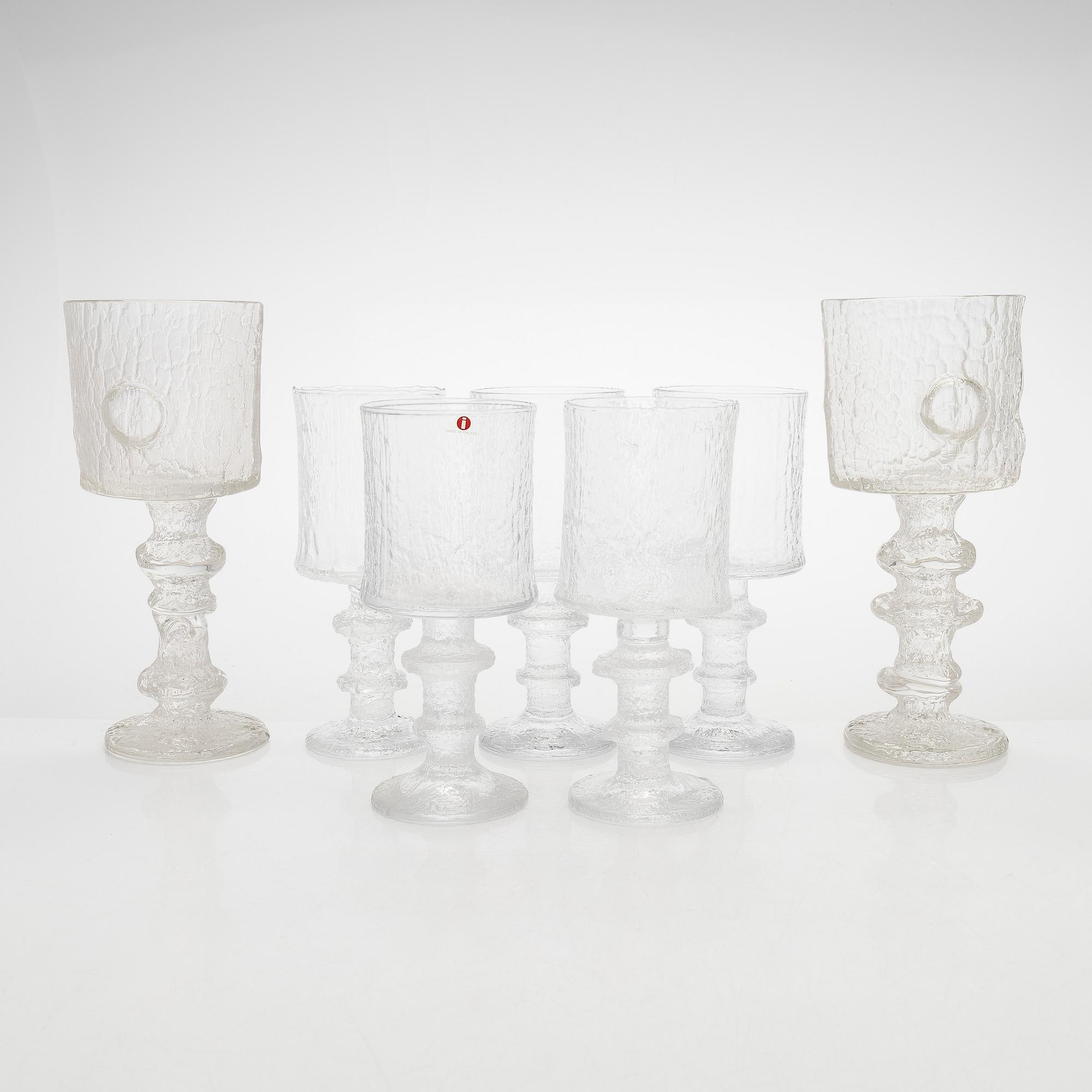 Timo Sarpaneva, "Bröderskapsglaset", 2 st och dricksglas, 5 st, "Juhlalasi" 2140, Iittala.
