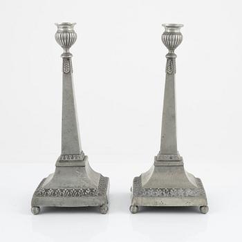 A pair of late Gustavian pewter candlesticks, mark of Magnus Bergman, Malmö 1809.