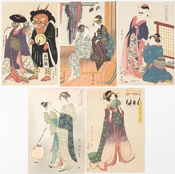 Fem träsnitt ur mapp utgiven av Tokyo Bijutsu Kankokai (Tokyo Art Publishing Association", tidigt 1900-tal.