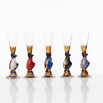 Gunnar Cyrén, five shot glasses, so-called devil glasses, from the Nobel service, Orrefors.