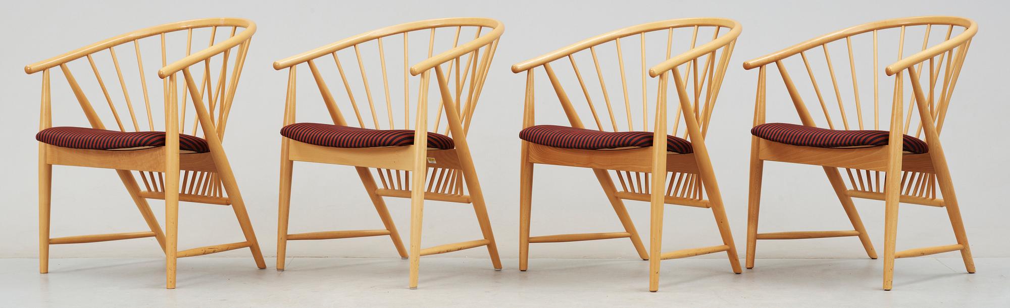 KARMSTOLAR, 4 st, "Solfjädern", Sonna Rosén, Gemla Möbelfabrik, formgiven 1948.