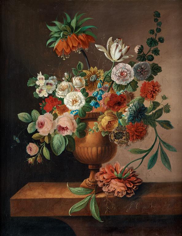 Cornelis Johannes de Bruyn, Stilleben med blommor på stenskiva.