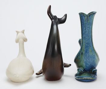 Three Gunnar Nylund stoneware figures, a dolphin, a pheasant and a great crested grebe, Rörstrand.