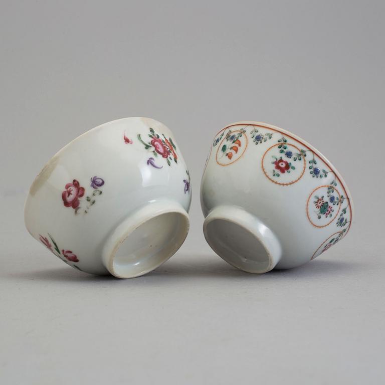 Five famille rose export porcelain cups and two dishes, Qing dynasty, 18th century.