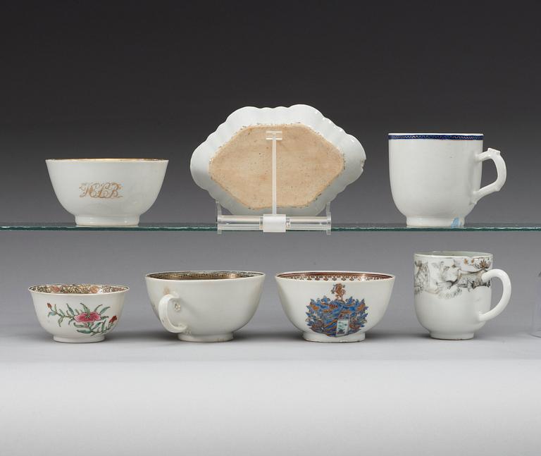 A set of six Swedish Armorial cups and a ladle dish, Qing dynasty, Qianlong (1736-95).