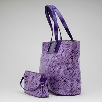 LOUIS VUITTON, a purple beach ensemble consisiting of a tunic, sandalettes, and two bags.