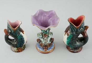 Three majolica vases, partly from Gustavsberg, around the year 1900.