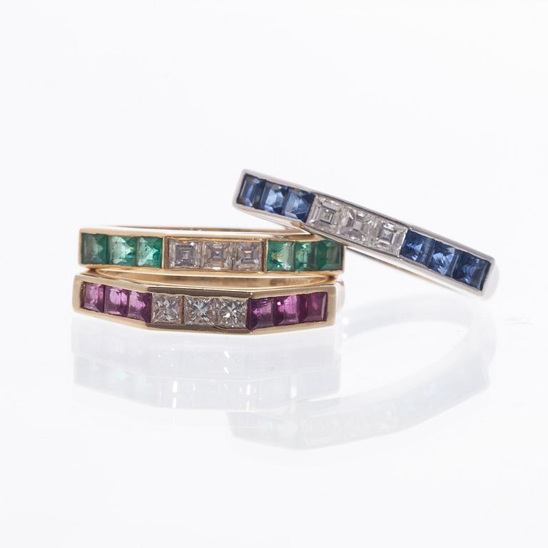 RINGAR, 3 st, 18K vitt- och gult guld, diamanter, rubiner, safirer, smaragder. Vikt totalt ca 10,2 g.