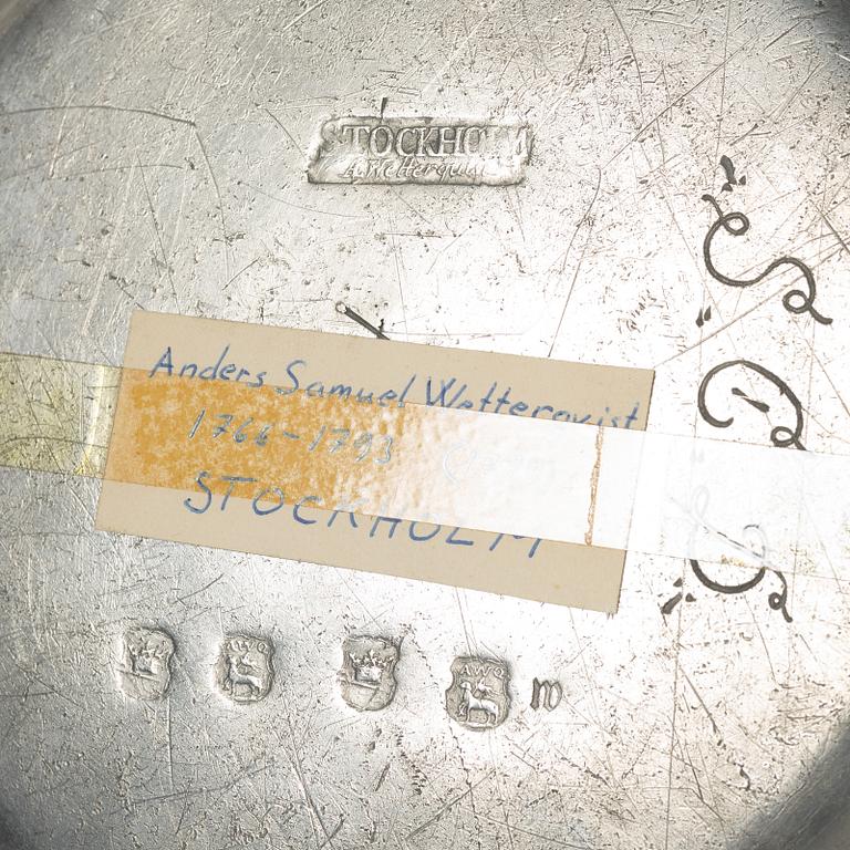 Bowl and 2 plates, pewter, various masters, Stockholm.