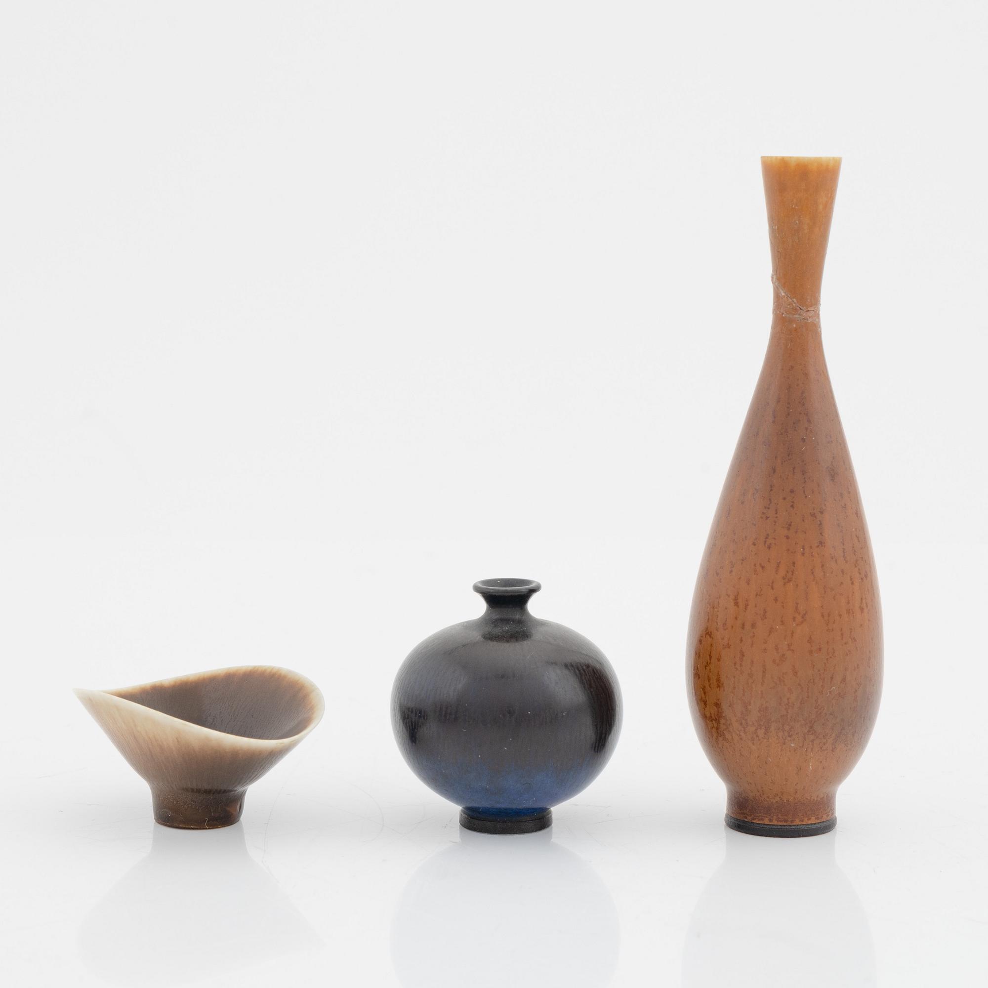 Berndt Friberg, a set of two miniature vases and a bowl, Gustavsberg studio, Sweden 1957.