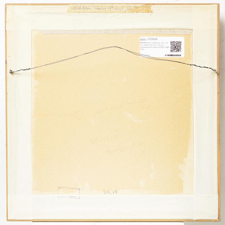 SAMPLER, embroidered, 33 x 32 cm, with the frame 44 x 43 cm, signed and dated MCF IBM 1775.
