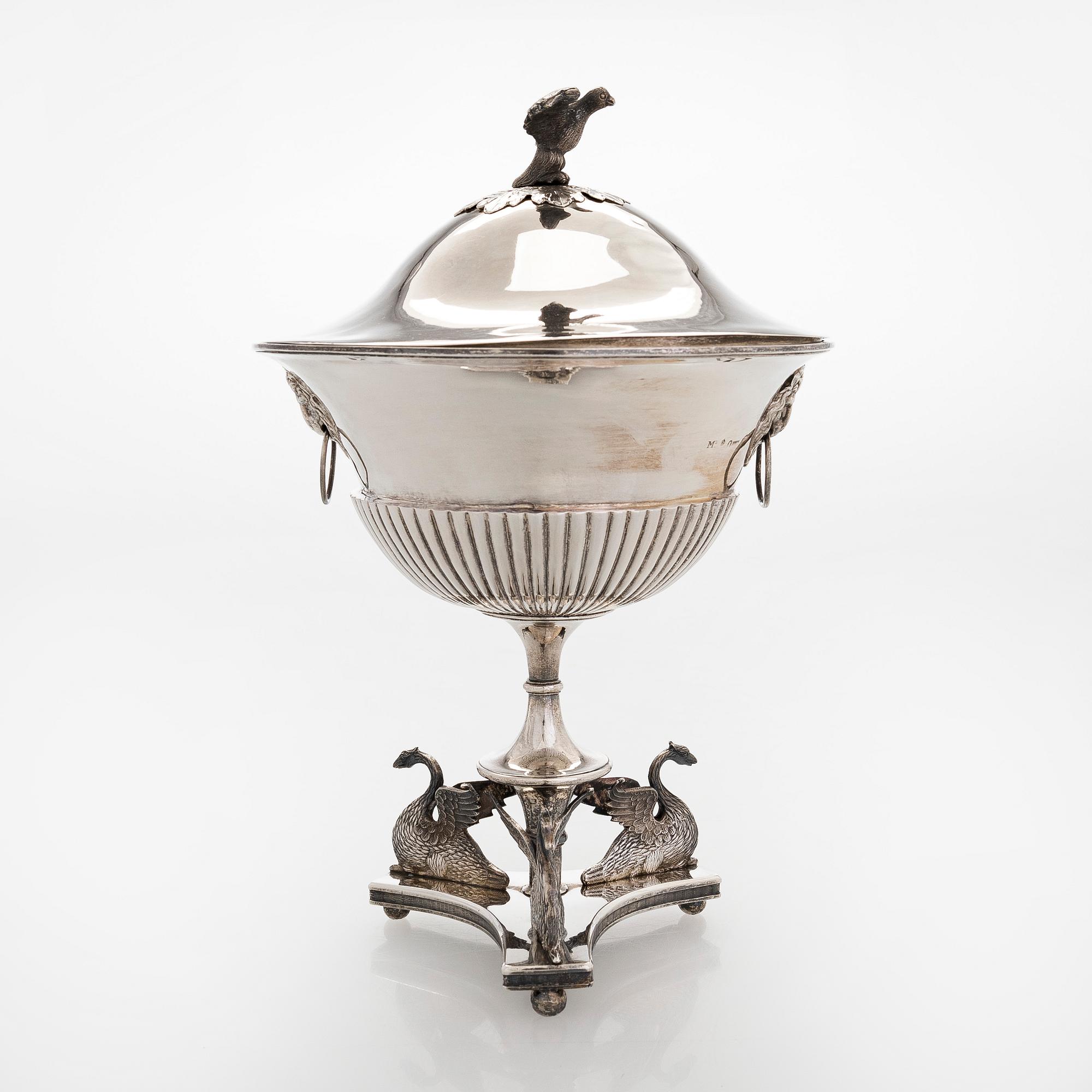 An Empire Style silver sugar bowl with lid, maker's mark of Carl Gustaf Herpel, Stockholm 1818.