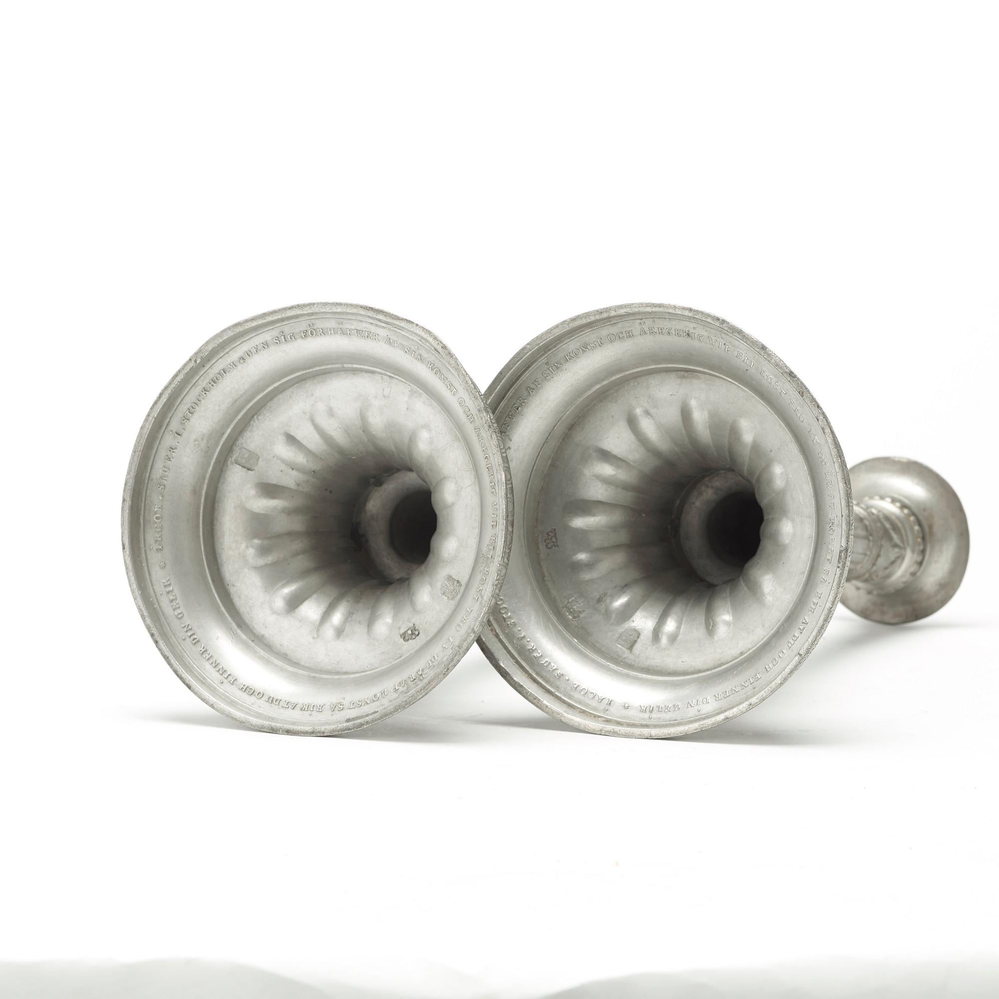 A pair of Gustavian pewter candlesticks by Jacob Sauer, Stockholm 1784.