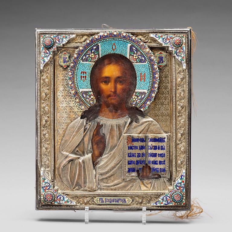 Ikon, Kristus Pantokrator, silver och cloisonnéemalj, Sergei Zharov möjligen, Moskva 1800-talets slut.