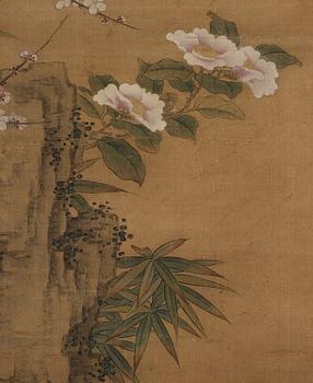 A Song style hanging scroll with birds, by an unidentified artist signed Wu Zhu, late Qing dynasty (1644-1912).