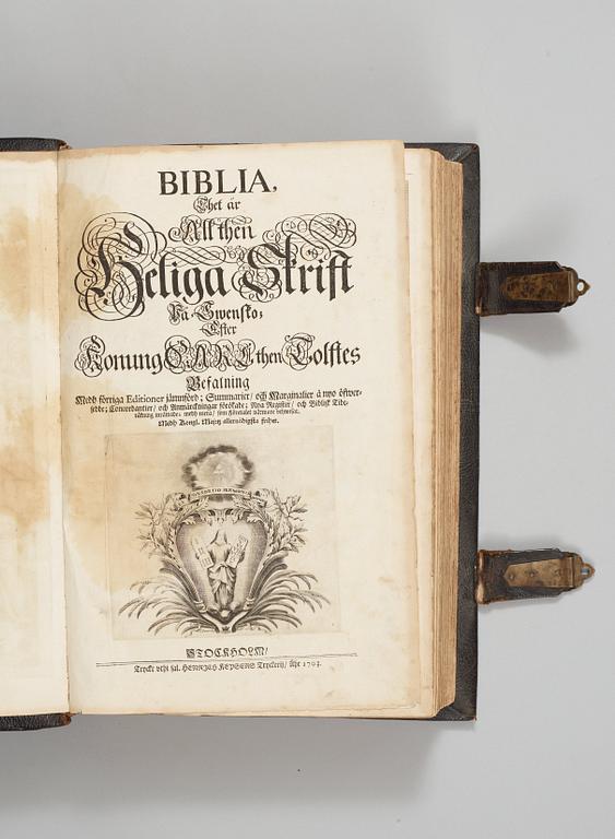 KARL XII:s BIBEL, "Biblia, thet är all then heliga skrift på swensko....", Stockholm 1702-1703.