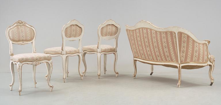SOFFA samt STOLAR, 1+3, rokokostil, 1900-talets första hälft.