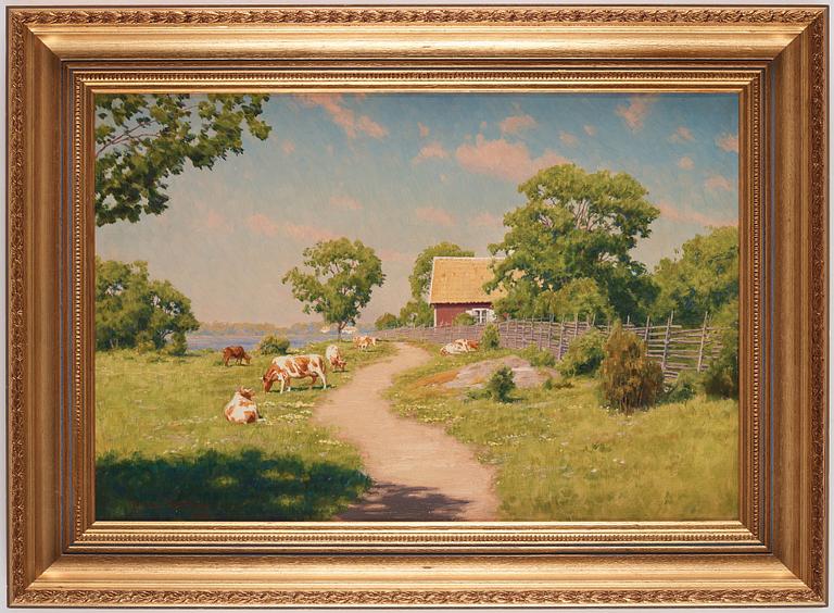 Johan Krouthén, Sommarlandskap med stuga, sjö och kor.