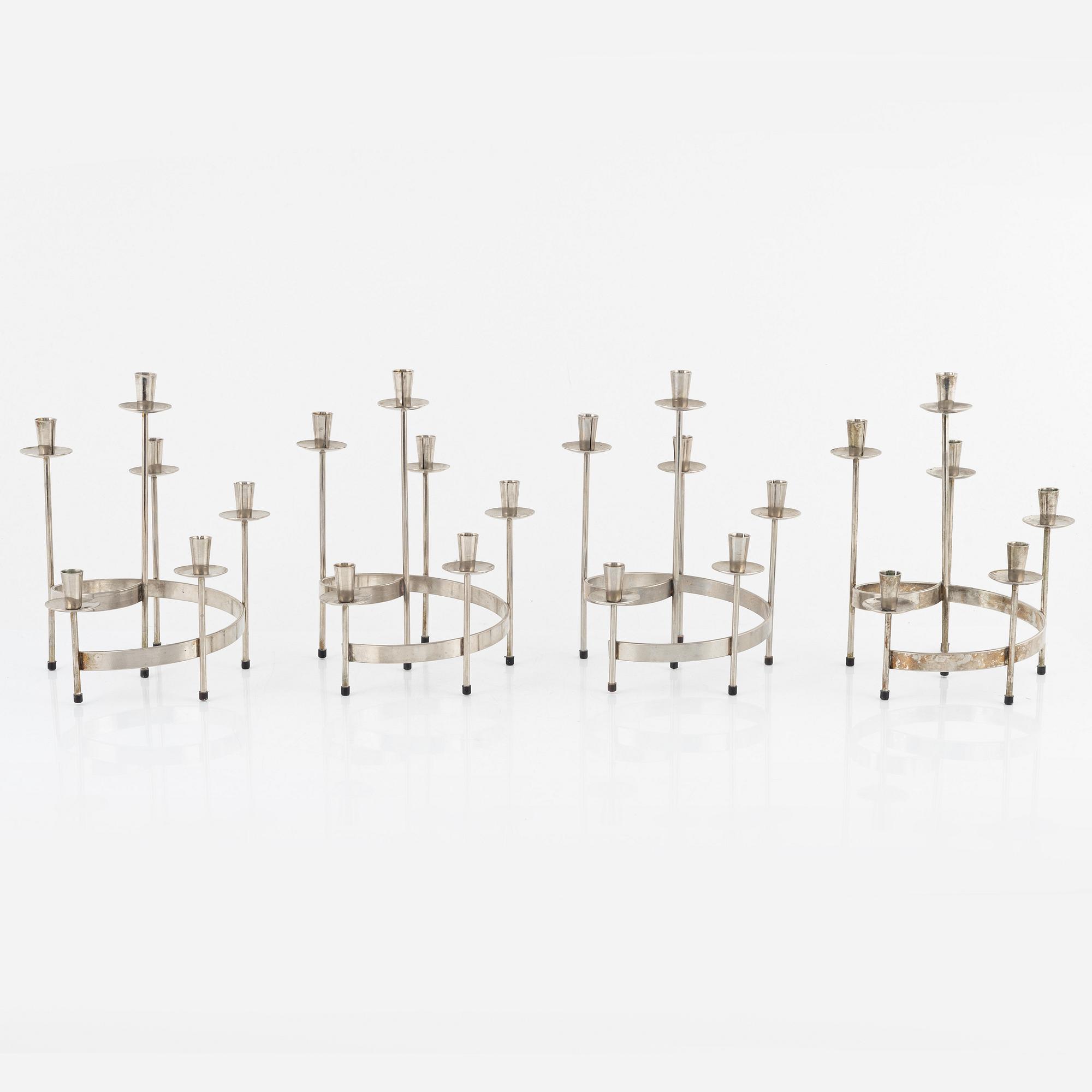 Harry Boström, kandelabrar, 4 st, vitmetall, 'Spiral', Bo Svensk.