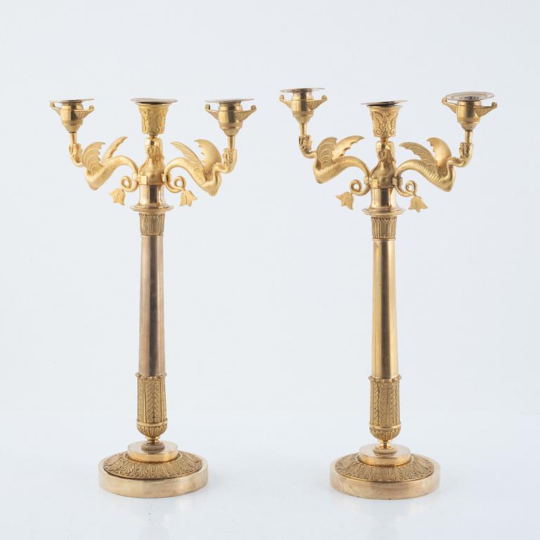 A pair of ormolu three-branch Empire candelabra, Stockholm, early 19th century.