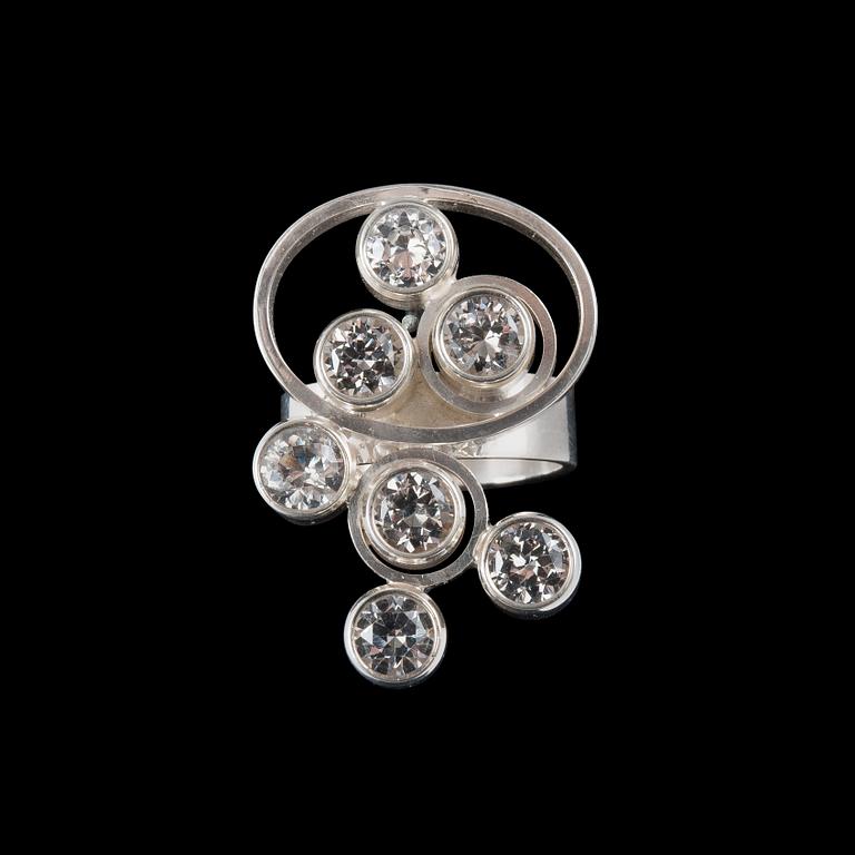 Elis Kauppi, A RING, silver with rock crystals, "Mountain stream", Kupittaan Kulta 1960´s. Weight 14 g.