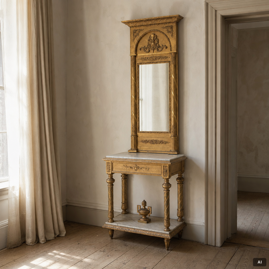 Spegel med konsolbord, senempire ca 1830-40-tal.