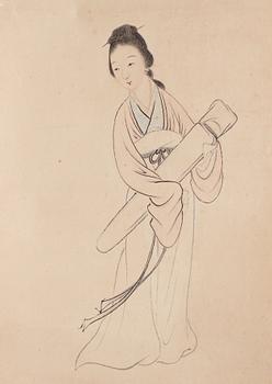 A Chinese scroll painting of a lady with a wrapped Qin, late Qing dynasty.