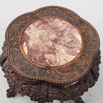 A Chinese carved wood and stone top side table, 20th Century.