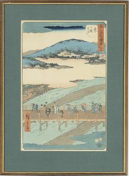 Ando Utagawa Hiroshige, after, three colour woodlbock prints, early 20th century.