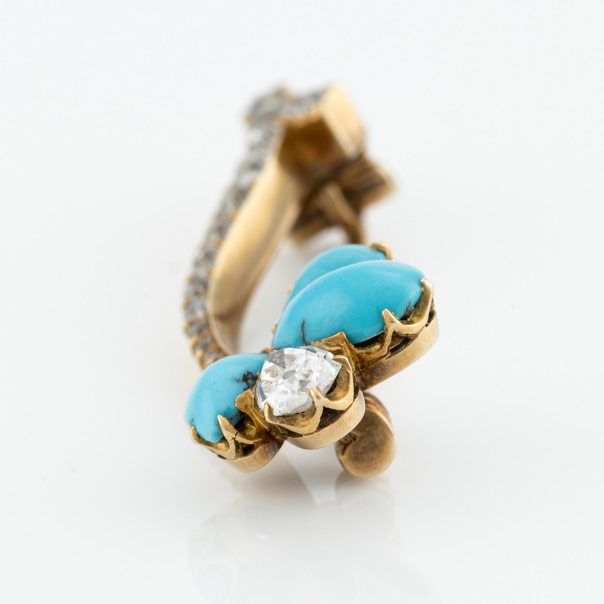 A gold brooch with turquoise and old-cut diamonds, C.E. Bolin, St  Petersburg 1860-1875, workmaster Robert Schwan.