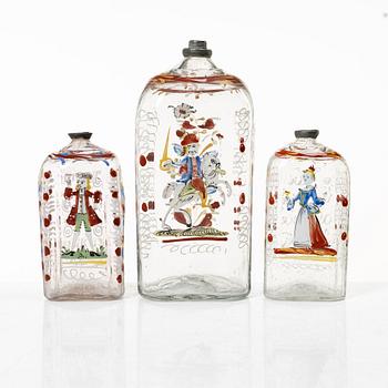 Three glass bottles, possibly Germany, 19th century.